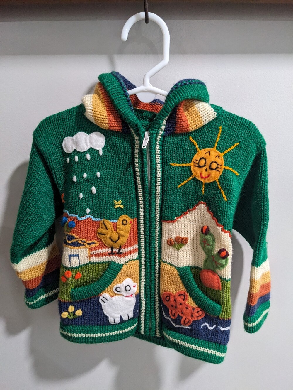 Peruvian? Hand Knit Unique Green Full Zip Sweater Size 12 Months
